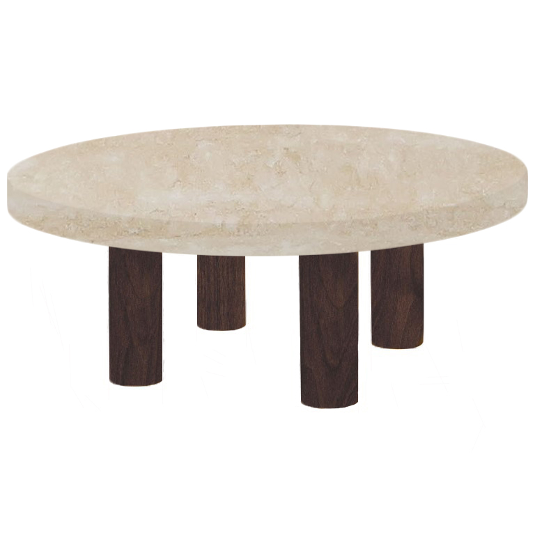 Round Classic Roman Travertine Coffee Table with Circular Walnut Legs