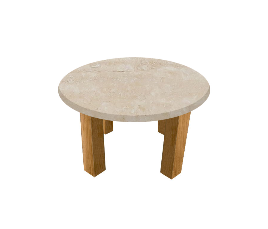 Classic Roman Travertine Round Coffee Table with Square Oak Legs