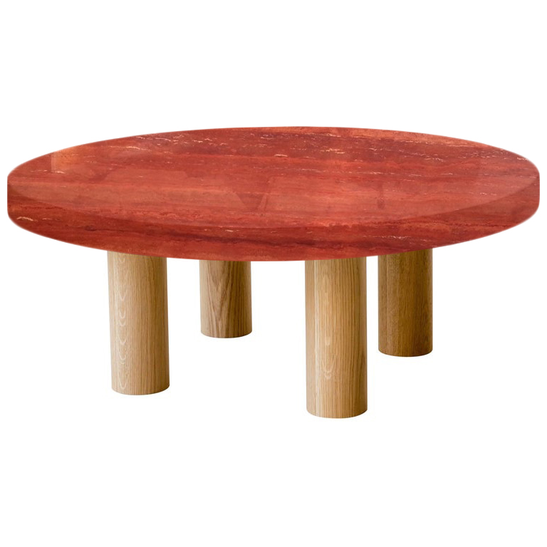 Round Persian Red Travertine Coffee Table with Circular Oak Legs