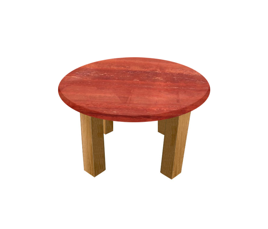Persian Red Travertine Round Coffee Table with Square Oak Legs