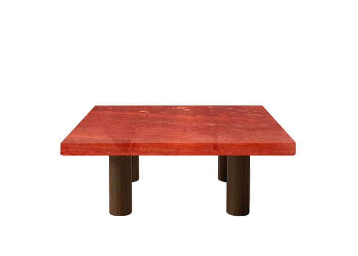 Persian Red Travertine Square Coffee Table with Circular Walnut Legs