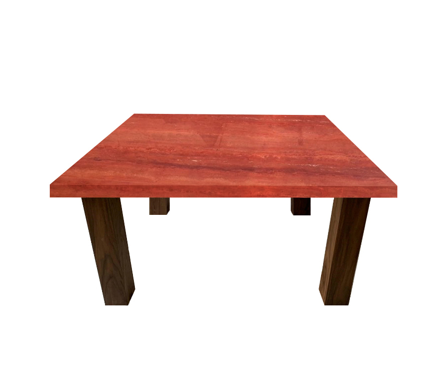 Persian Red Travertine Square Coffee Table with Square Walnut Legs