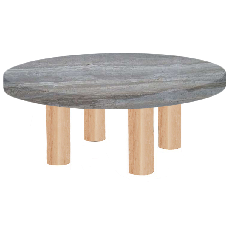 Round Silver Travertine Coffee Table with Circular Ash Legs