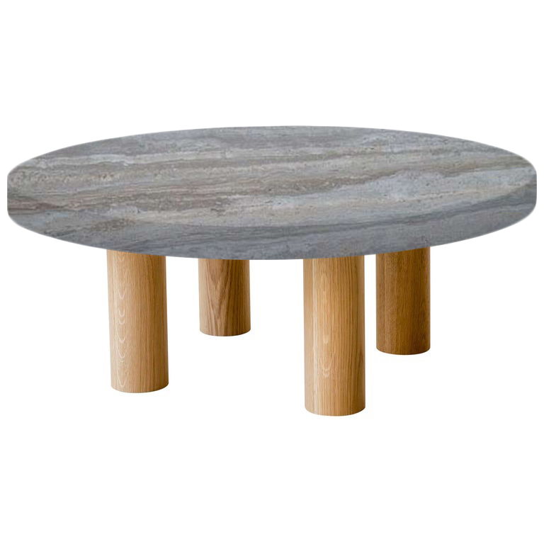 Round Silver Travertine Coffee Table with Circular Oak Legs