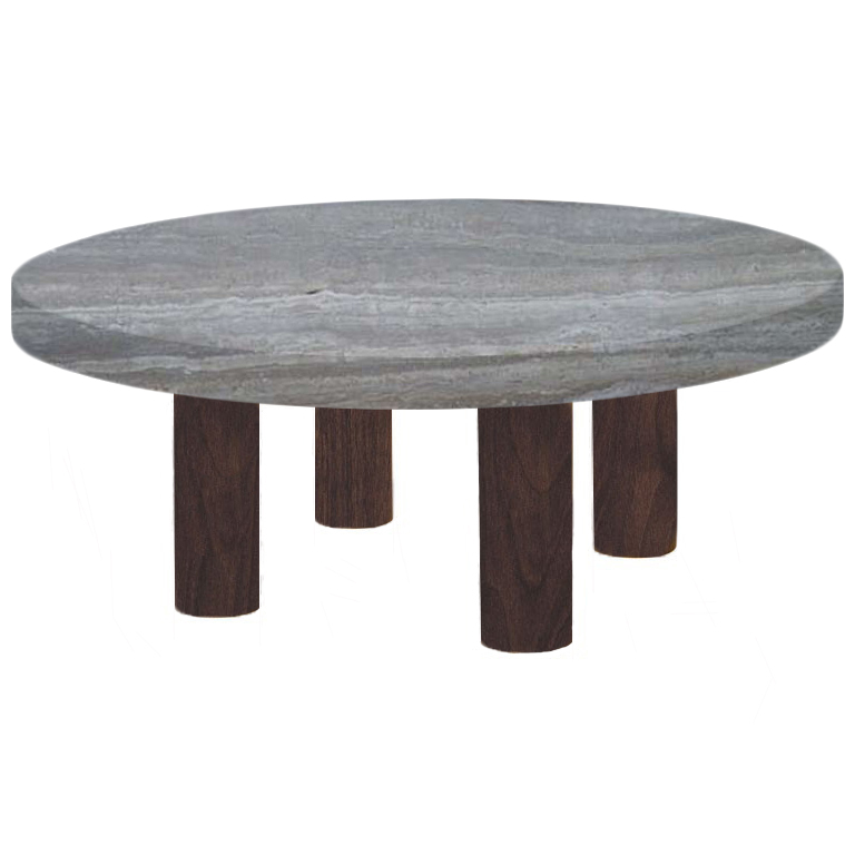 Round Silver Travertine Coffee Table with Circular Walnut Legs
