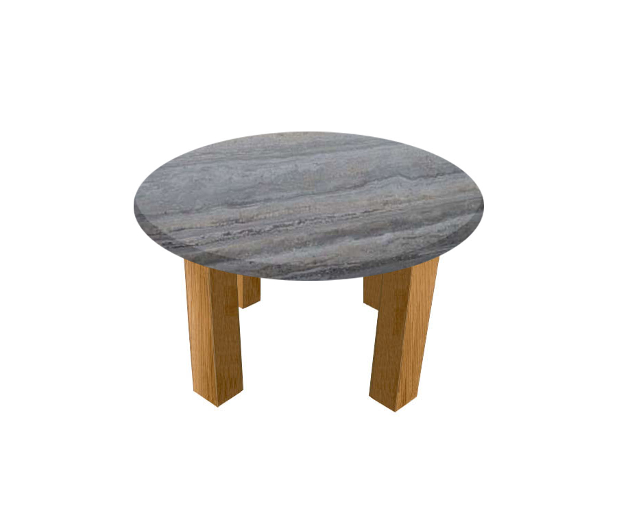 Silver Travertine Round Coffee Table with Square Oak Legs