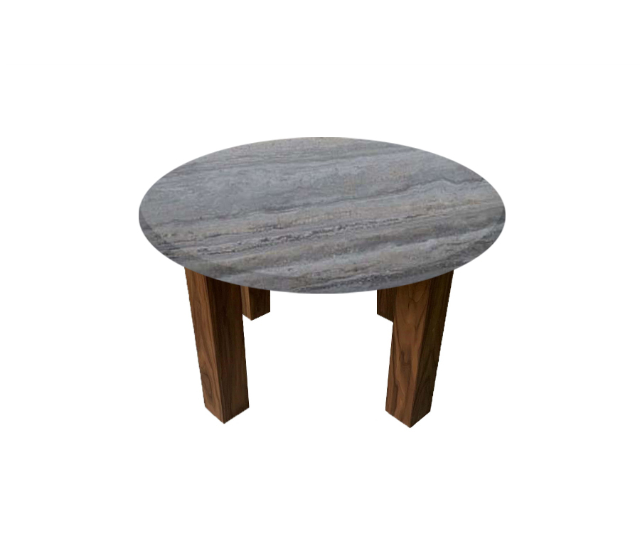 Silver Travertine Round Coffee Table with Square Walnut Legs