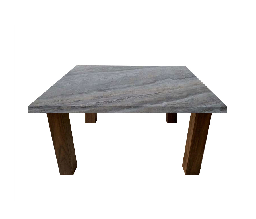 Silver Travertine Square Coffee Table with Square Walnut Legs