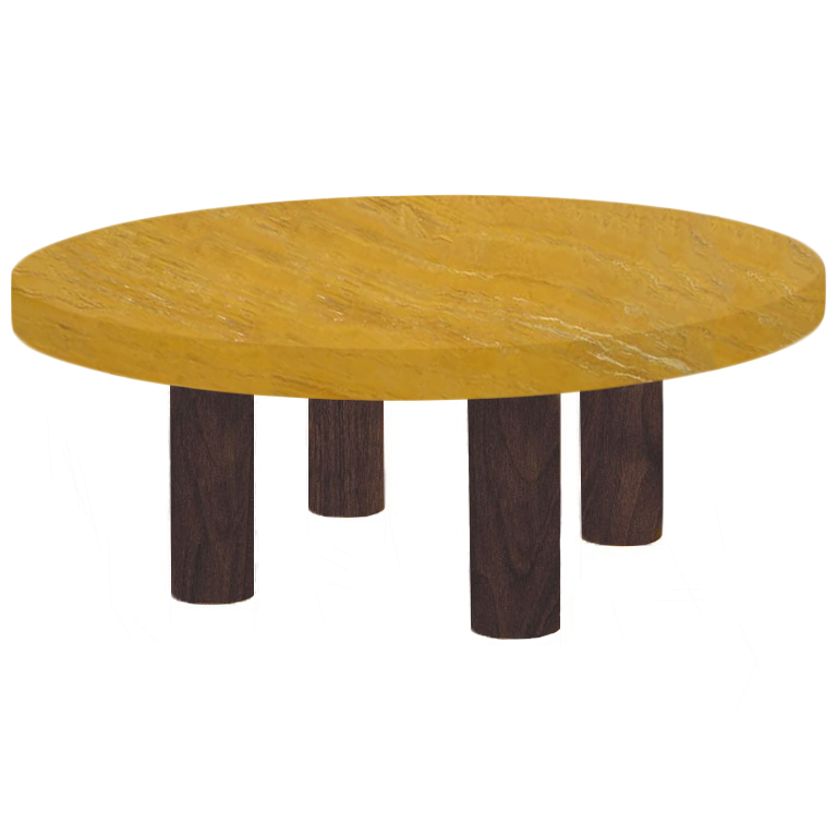 Round Yellow Travertine Coffee Table with Circular Walnut Legs